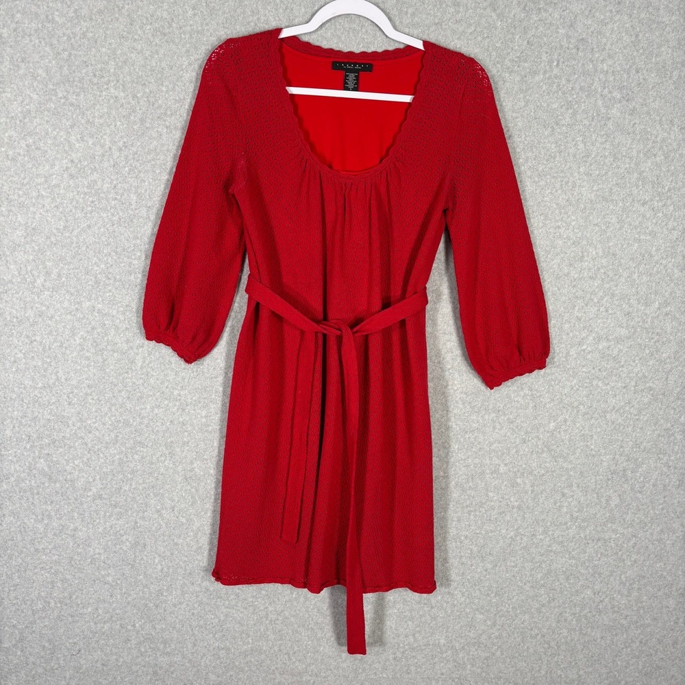 Red Crochet Sweater Dress Small Belt Scalloped Knit Feminine Romantic Holiday